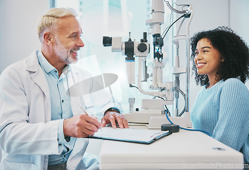 Image of Eye exam, consulting and smile with doctor and black woman for healthcare, ophthalmology and medical. Glaucoma, laser and wellness with patient and optometrist in clinic for vision, checklist or help