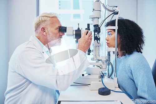 Image of Eye exam, consulting and laser with doctor and black woman for healthcare, ophthalmology and medical. Glaucoma, lens and wellness with patient and optometrist in clinic for vision, checklist and help