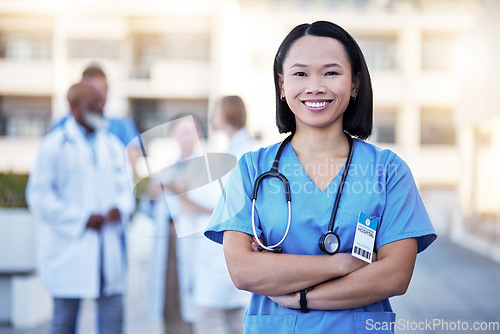 Image of Happy asian doctor or woman in portrait for hospital leadership, internship opportunity or career integrity. Face of proud healthcare worker, nurse or person for medical services goals and mission