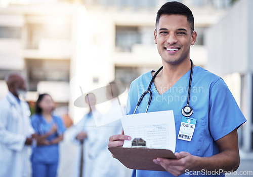 Image of Checklist, portrait and happy doctor or man with hospital leadership, workflow management and surgeon schedule. Face of healthcare worker, nurse or young person with medical services and paperwork