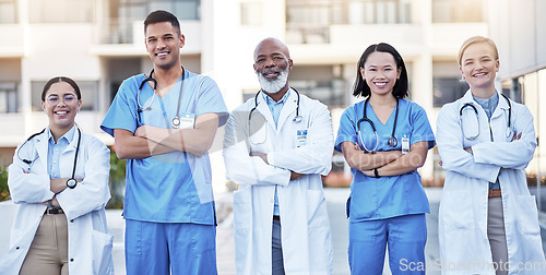 Image of Diversity, proud and doctors portrait in healthcare service, hospital integrity and teamwork or leadership. Group of medical staff, nurses or professional employees, clinic mission or workforce goals