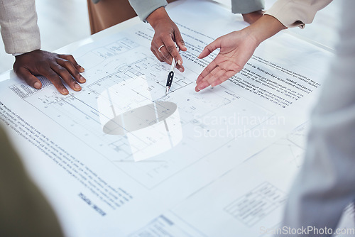 Image of Architecture, construction team and hands with blueprint for planning, building strategy and estate project. Engineering, property development and contractors with illustration, design and floor plan