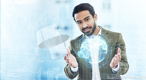 Image of World, ai and overlay with a business man using a ux interface for global data analysis. Metaverse, hologram or 3d with a male employee searching a virtual reality database for information technology