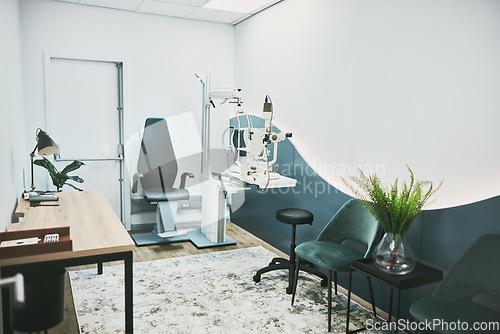 Image of Healthcare, ophthalmology and laser in empty room of clinic for eye exam, laser and consulting. Medical, technology and interior design with nobody and machine in office for optometry and medicine