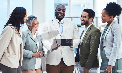 Image of Business people, black man or meeting with tablet for meme content or funny comedy on social media. Leadership, team building or happy manager with employees laughing or bonding together in an office