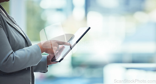 Image of Tablet, business woman hands and accounting search in office for corporate tax data and mockup. Financial analyst, compliance research and fintech analytics of a female employee working with mock up