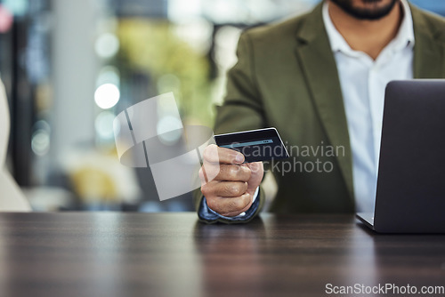 Image of Ecommerce, credit card and hands of businessman with laptop for online banking, payment and fintech. Digital finance, stock market and male with computer for business budget, investment and savings