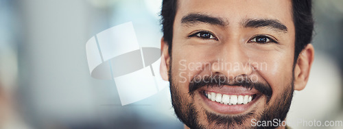 Image of Business man, face and happy in portrait with success, professional mission and mindset outdoor in city. Mockup space, headshot and smile with career, job achievement and goals, leadership in India