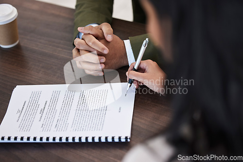 Image of Deal, writing and contract with hands of people signature on documents for partnership, b2b and agreement. Lawyer, financial advisor and consulting with man and woman in meeting for legal review