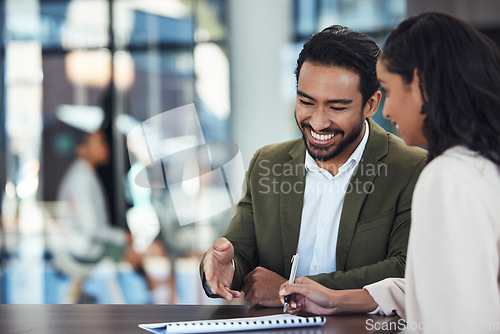 Image of Teamwork, documents and business people writing in office for sales project in workplace. Cooperation, collaboration and happy manager or mentor training woman with paperwork research and planning.