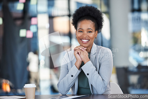 Image of Office portrait and happy black woman for career goals, planning workflow or startup business. Face of professional employee or african corporate person with a smile for success and leadership