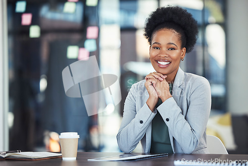 Image of Happy black woman in office portrait for career goals, planning workflow or startup business. Face of professional employee or african corporate person with success management and leadership