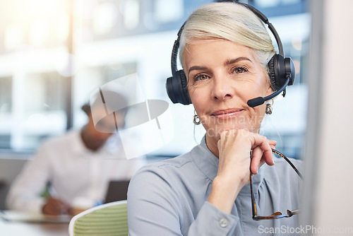 Image of Face of call center agent, woman telemarketing consultant or virtual assistant in customer services and support focus. Contact us, ecommerce help and senior person portrait in business crm solution