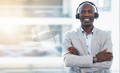 Image of Call center, mockup and smile with portrait of black man for customer support, telemarketing and communications. Consulting, happy and sales with employee in office for help desk, advisory and crm
