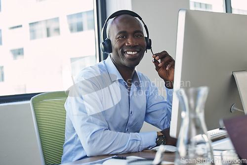 Image of Crm agent, call center and black man portrait with a smile from business and telemarketing. Office, consulting and web support employee working on an online consultation for digital help and advice