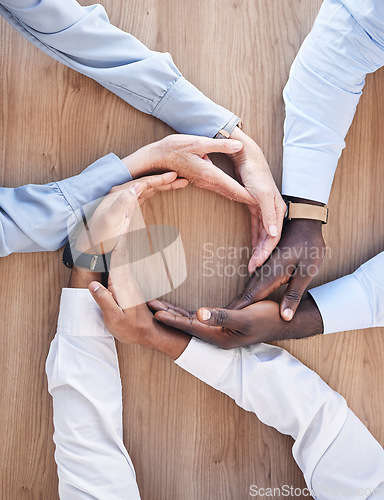 Image of Business people, hands together and staff circle showing work community, solidarity and trust. Motivation, team building and collaboration gesture above of office workers with teamwork and diversity