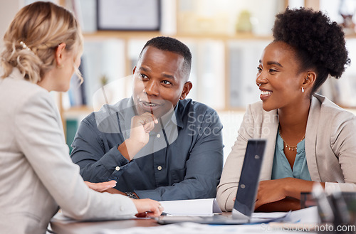 Image of Black couple, financial advisor and investment planning meeting with bank documents and contract. Accounting, savings and budget consulting with banking management woman talking about payment