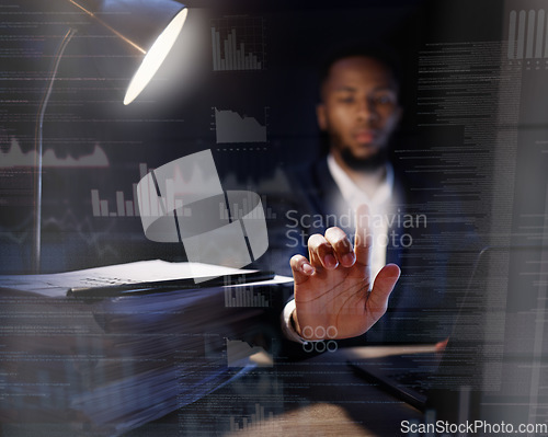 Image of Hologram, black man and code for programming, overlay and cyber security for futuristic communication, planning and hacker. Holographic, African American male programmer and coder with data analysis