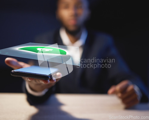 Image of Phone, hologram and business hands with lock icon for cybersecurity, software safety or digital data protection. Augmented reality of futuristic black man on smartphone, 3d holographic and night code