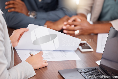 Image of Black couple holding hands, financial advisor and investment planning with bank documents and contract. Accounting, savings and budget consulting with banking management woman with finance agreement