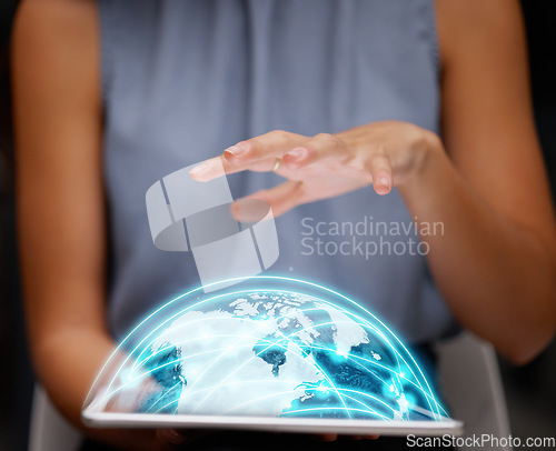 Image of Global, hologram and woman hands on tablet for futuristic network, digital connection and cyber research. Future technology, 3d holographic of map, worldwide or globe for ai or IT software management