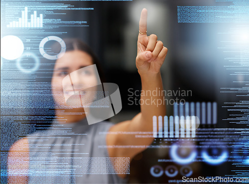 Image of Woman, touch screen and hologram of data analytics, coding software and programming developer at night. Futuristic, holographic or overlay of future technology or digital person with hand interaction