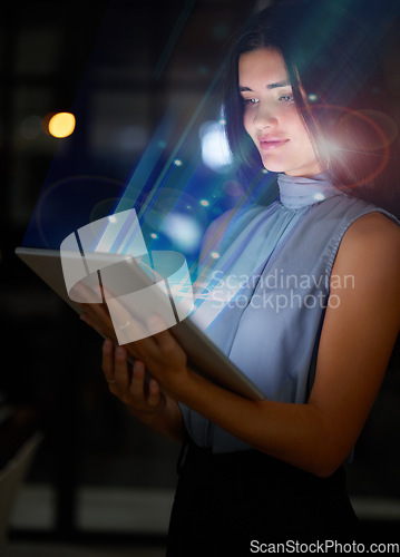 Image of Tablet, global hologram and network woman at night in augmented reality or metaverse experience for future technology. Digital shine, futuristic light and business woman with scifi data on screen