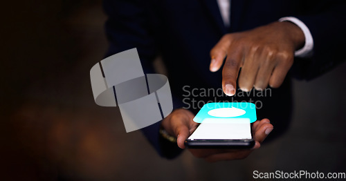 Image of Phone, hologram and hands with chat icon for communication, networking and futuristic connection. Business black man typing on smartphone in 3d holographic for mobile app ux or ui design at night