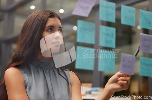 Image of Business, woman and thinking for brainstorming, planning or lady with ideas for opportunity. Corporate, female employee or manager with sticky notes, advertising campaign or sales growth in workplace
