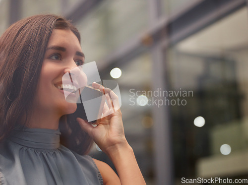 Image of Phone call, business woman and talking on a mobile connection in office with mock up. networking, smile and happiness of online accounting consultant with work communication and conversation mockup