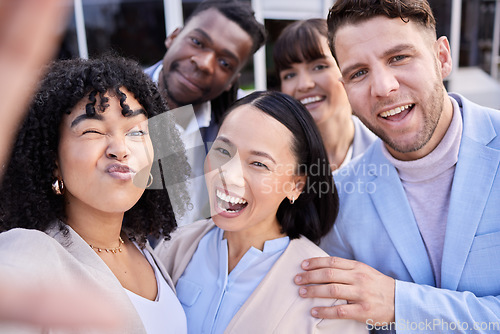 Image of Selfie, team building and happy business people funny in celebration as a successful company outside office. Teamwork, winning and photo or social media update by diverse employee or worker group