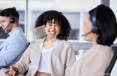 Image of Teamwork, callcenter or success deal in office for customer service, contact us support or CRM consulting. Happy, women or communication for funny joke, laughing or telemarketing conversation
