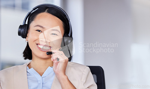 Image of CRM, customer service or Asian woman and mockup for callcenter support, consulting or networking in office. Manager face, smile or sales advisor on tech for telemarketing, research or contact us help