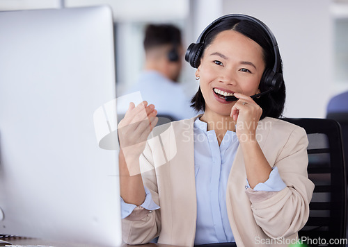 Image of CRM, smile or asian woman on computer on microphone for customer support, consulting or networking in office. Happy, telemarketing or sales advisor on tech for callcenter, help or telecom contact us