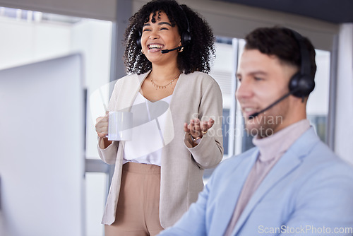 Image of Teamwork, callcenter or success on computer in office for customer service, contact us support or CRM consulting. Smile, diversity or happy black woman for telemarketing deal, laughing or talking