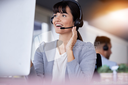 Image of CRM, smile or woman communication with microphone for customer service, consulting or networking in office. Happy, telemarketing or sales advisor on tech for callcenter, help or telecom contact us