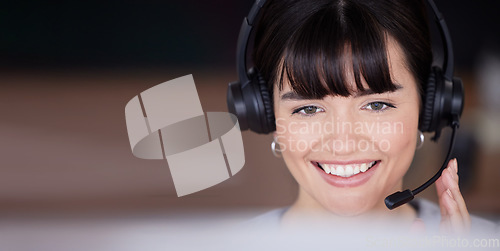 Image of Telemarketing face, smile or woman communication on microphone for customer support, consulting or networking. Happy, CRM mockup or sales advisor on tech for callcenter, help or telecom contact us