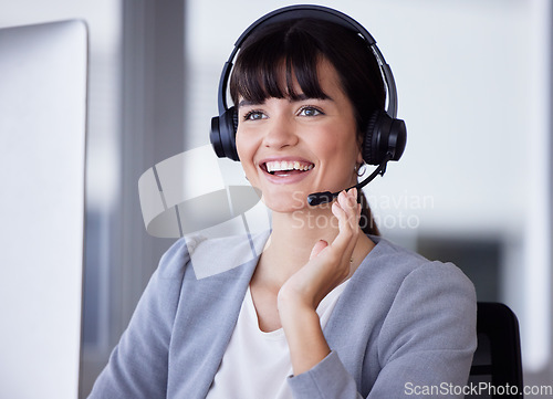 Image of Callcenter, smile or success of woman with microphone for customer support, consulting or networking in office. Happy, CRM or sales advisor on tech for telemarketing, focus or telecom contact us
