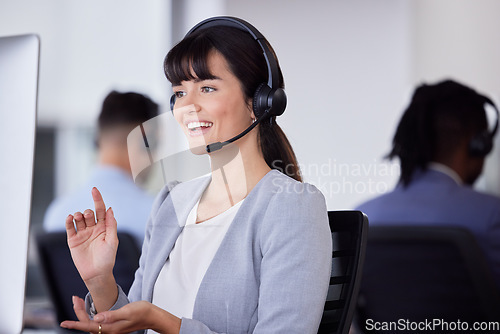 Image of Telemarketing, smile or woman communication with microphone for customer support, consulting or networking in office. Happy, CRM or sales advisor on tech for callcenter, help or telecom contact us