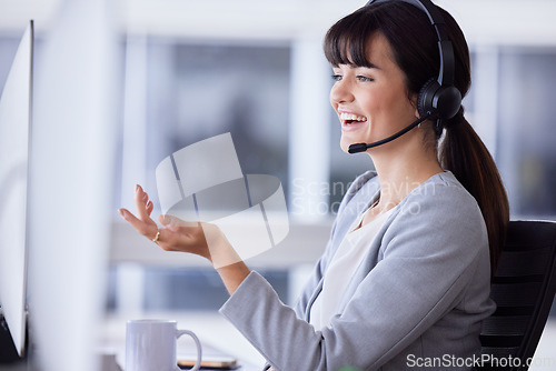 Image of Support, smile or callcenter woman with microphone for customer service, consulting or networking in office. Happy, CRM or sales advisor on tech for telemarketing, success or telecom contact us help