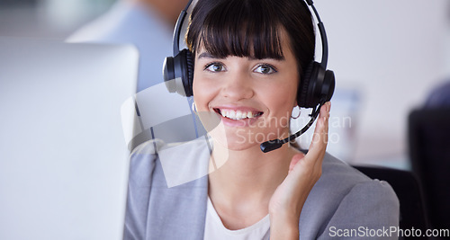 Image of Callcenter, happy or portrait of woman with microphone for customer support, consulting or networking in studio. Face, CRM or sale advisor smile on tech for telemarketing, focus or telecom contact us