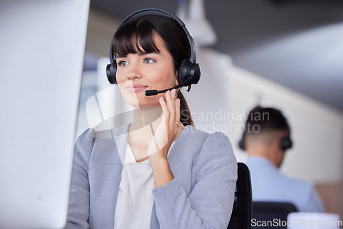 Image of Telemarketing, happy or CRM woman on computer with microphone for customer support, consulting or networking in office. Smile, CRM or sales advisor on tech for callcenter, help or telecom contact us