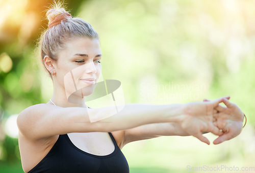 Image of Fitness, pilates stretching and woman in park for healthy lifestyle, cardio warm up and body wellness. Sports mockup, outdoor and happy girl athlete stretch arms for exercise, training and workout