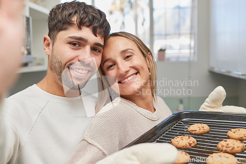Image of Kitchen, selfie and couple baking cookies together for love, bonding and romance at home. Bake, smile and portrait happy man and woman preparing biscuits or snacks for fun, event or dessert at house.