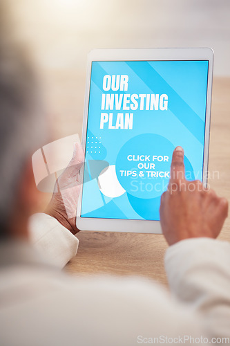 Image of Hand, tablet screen or woman for investment planning, economy mobile app or tax research in office. Budget, finger or elderly on tech for trading strategy, stock market schedule or finance review