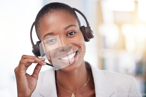 Image of Customer service consultant, face portrait and happy woman telemarketing on contact us CRM or telecom. Call center communication, African ecommerce and information technology consulting on microphone