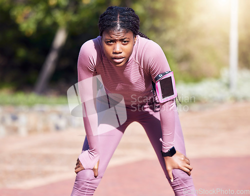 Image of Portrait, sweating and black woman tired, fitness and training for competition, exercise and workout. Female, athlete, lady and runner rest, break and relax outdoor, hobby and sports for wellness