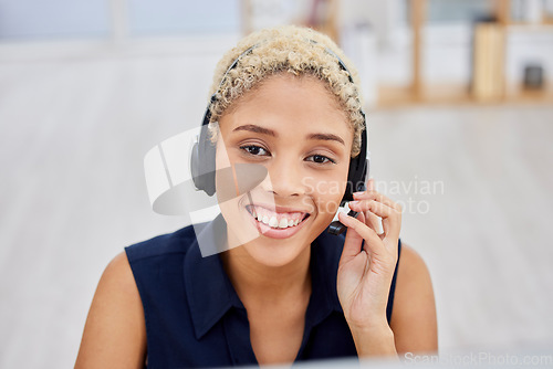 Image of Telemarketing customer service or portrait of woman callcenter in office for online consulting or crm. Smile, communication or consultant girl employee for contact us, telecom or sale advisor support