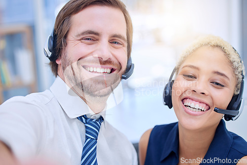 Image of Crm selfie, smile and call center employees happy from team building and consultation collaboration. Telemarketing group, about us workers and teamwork of consulting web support people ready for work