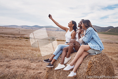 Image of Selfie, bonding and friends in the countryside for holiday, live streaming travel and location. Freedom, happy and women with 5g connection and a photo for memory during a vacation in Portugal